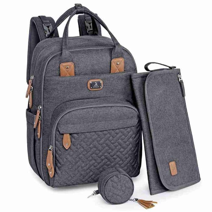 Diaper Bag Backpack with Portable Changing Pad, Pacifier Case and Stroller Straps, Dikaslon Large Unisex Baby Bags for Boys Girls, Multipurpose Travel Back Pack for Moms Dads, Gray