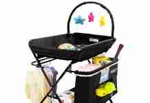 KIKET Baby Changing Tables Portable Folding Diaper Changing Station with Wheels, Height Adjustable Mobile Nursery Organizer with Hanging Toy, Safety Belt & Storage Racks for Newborn Baby Infant, Black