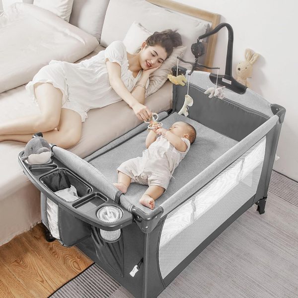 5-in-1 Pack and Play, Baby Bassinet Bedside Sleeper with U-Shaped Diaper Changer, Portable Baby Playard for Newborn Toddlers, Baby Crib with 4 Adjustable Height, Carry Bag, Easy to Install