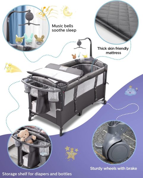 ADOVEL Baby Bassinet Bedside Crib, Pack and Play with Mattress, Diaper Changer and Playards from Newborn to Toddles, Grey