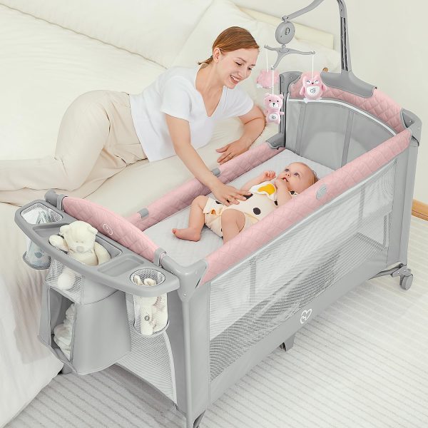 BabyBond Baby Bassinet Bedside Crib, Pack and Play with Sheet, Diaper Changing Table and Music Mobile from Newborn to Toddles, Portable Large Playard