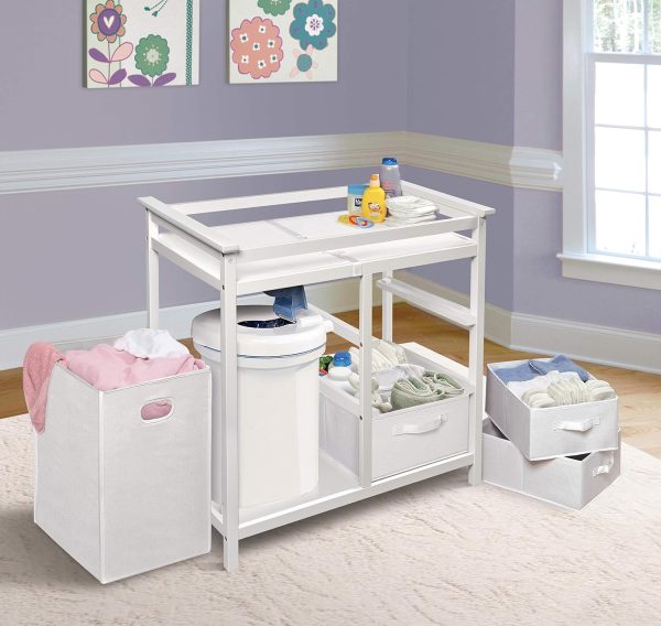 Badger Basket Modern Baby Changing Table with Laundry Hamper, 3 Storage Drawers, and Pad - White
