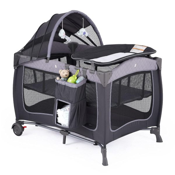 Pamo Babe Portable Baby Nursery Center Baby Playard, Foldable Baby Crib with Changing Table  Wheels(Grey)