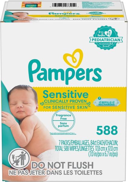 Pampers Sensitive Baby Wipes - Refill Packs, 588 Count, Water Based, Hypoallergenic and Unscented (Packaging May Vary)