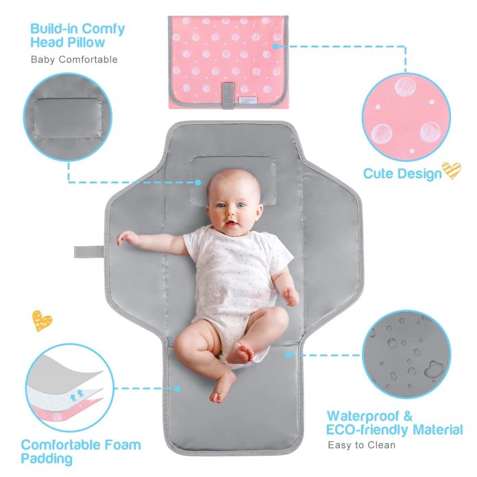 baby portable changing pad travel waterproof compact diaper changing mat with built in pillow lightweight foldable chang 1