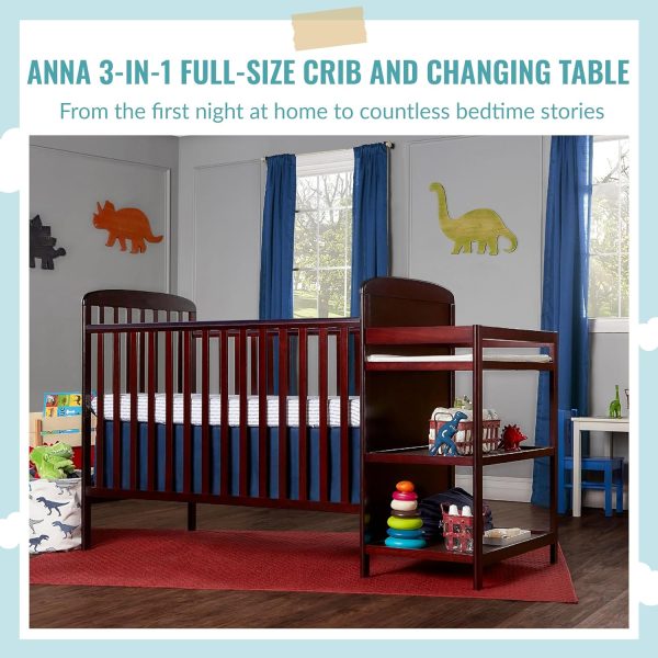 Dream On Me Anna 3-in-1 Full-Size Crib and Changing Table Combo in Steel Grey, Greenguard Gold Certified, Non-Toxic Finishes, Includes 1 Changing Pad, Wooden Nursery Furniture