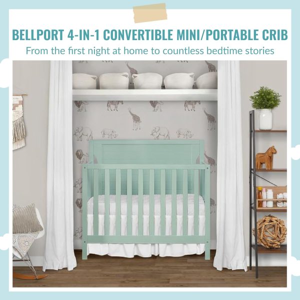 Dream On Me Bellport 4 in 1 Convertible Mini/Portable Crib In Safari Green, Non-Toxic Finish, Made of Sustainable New Zealand Pinewood, With 3 Mattress Height Settings, 40L x 25W x 33H
