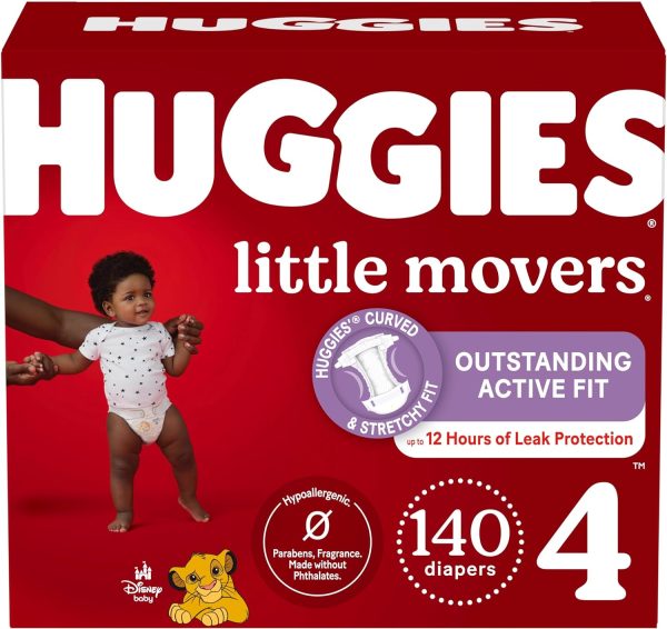 Huggies Size 4 Diapers, Little Movers Baby Diapers, Size 4 (22-37 lbs), 140 Ct (2 Packs of 70), Packaging May Vary