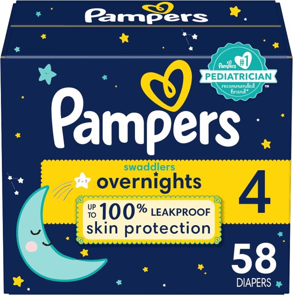 Pampers Swaddlers Overnights Diapers - Size 4, 58 Count, Disposable Baby Diapers, Night Time Skin Protection