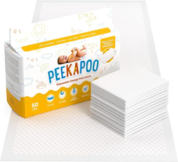 Peekapoo - Disposable Changing Pad Liners (50 Pack) Super Soft, Ultra Absorbent Waterproof - Covers Any Surface for Mess Free Baby Diaper Changes