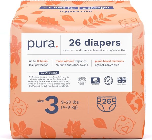 Pura Size 2 Eco-Friendly Diapers (7-13 lbs) TCF, Hypoallergenic, Soft Organic Cotton Comfort, Sustainable, Wetness Indictor. Allergy UK Certified, Paper Packaging. 1 Pack of 29