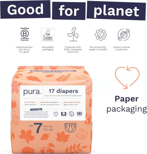 Pura Size 2 Eco-Friendly Diapers (7-13 lbs) TCF, Hypoallergenic, Soft Organic Cotton Comfort, Sustainable, Wetness Indictor. Allergy UK Certified, Paper Packaging. 1 Pack of 29