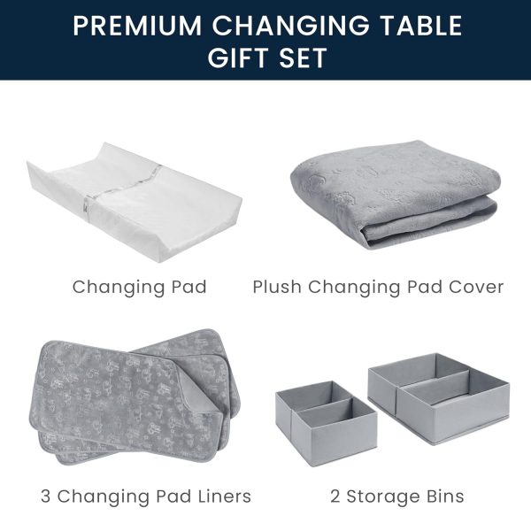 Serta 7-Piece Essential Changing Table Set - Newborn Baby Gift Set for Boys and Girls – Set Includes Changing Pad, Plush Changing Pad Cover, 3 Changing Pad Liners and 2 Storage Bins, Grey
