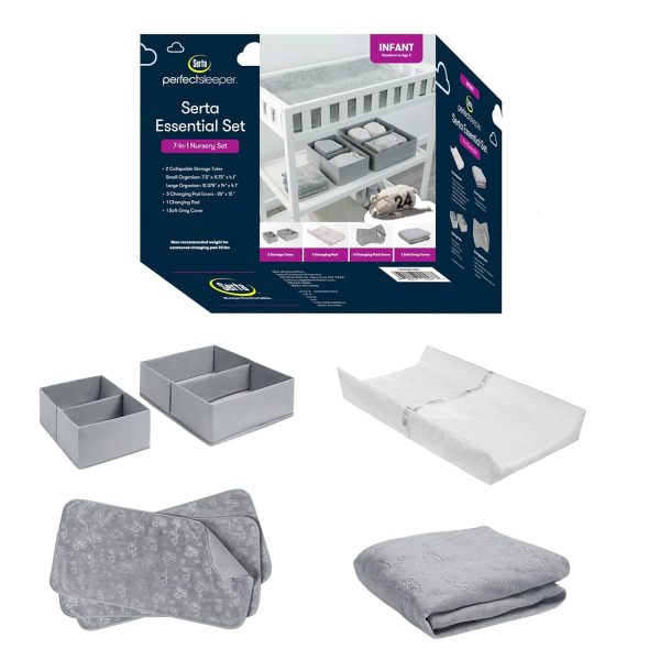 Serta 7-Piece Essential Changing Table Set - Newborn Baby Gift Set for Boys and Girls – Set Includes Changing Pad, Plush Changing Pad Cover, 3 Changing Pad Liners and 2 Storage Bins, Grey