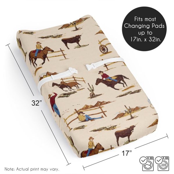 Sweet Jojo Designs Tan Brown Western Cowboy Boy Baby Changing Pad Cover Sheet Infant Newborn Diaper Table Change Mat Cover Wild West Southern Charm Country South Horse Cow Animal Red White and Blue