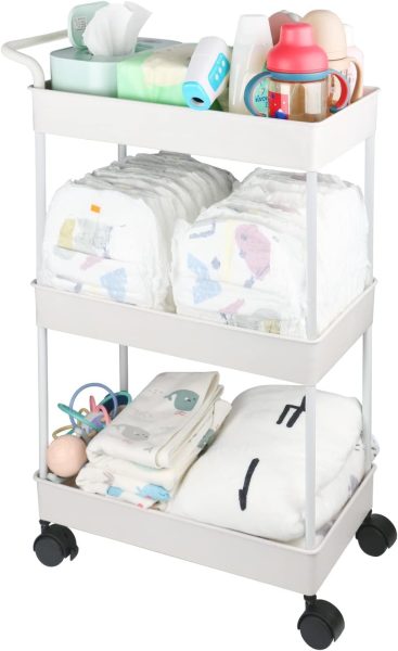 Volnamal Baby Diaper Caddy, Plastic Movable Cart for Newborn Nursery Essentials Diaper Storage Caddy Organizer for Changing Table  Crib, Easy to Assemble, Beige