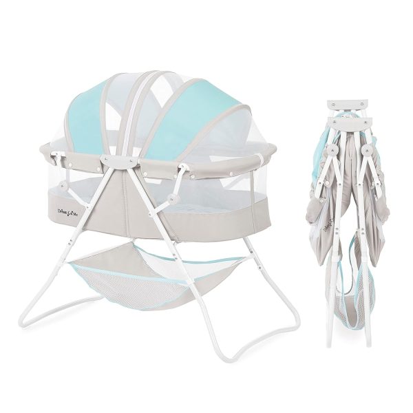 Karley Bassinet in Blue  Grey, Lightweight Portable Baby Bassinet, Quick Fold and Easy to Carry , Adjustable Double Canopy, Indoor and Outdoor Bassinet with Large Storage Basket.