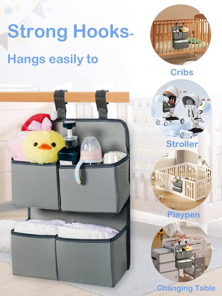 Hanging Diaper Organizer for Crib/Playpen/Bassinet – Hold 80+ Diapers - 4 Deep Pockets-H19in x L15 in Changing Table Diaper Holder - Hanging Diaper Stacker Nursery Caddy Organizer - Grey Hanging Diaper Organizer for Crib/Playpen/Bassinet – Hold 80+ Diapers - 4 Deep Pockets-H19in x L15 in Changing Table Diaper Holder - Hanging Diaper Stacker Nursery Caddy Organizer - Grey