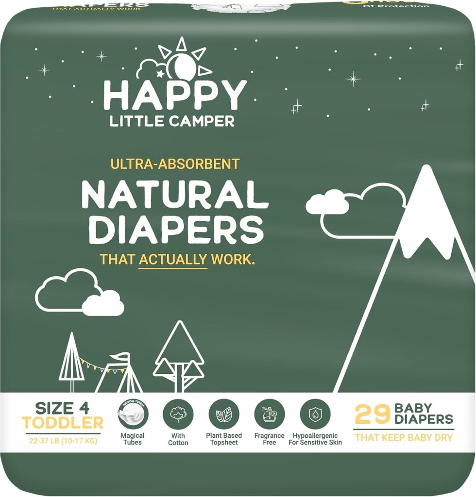 Happy Little Camper Ultra-Absorbent Natural Baby Diapers Size 4 - Hypoallergenic Chlorine-Free Disposable Diapers Safe for Sensitive Skin - Unscented Toddler Diapers - 29 Count Happy Little Camper Ultra-Absorbent Natural Baby Diapers Size 4 - Hypoallergenic Chlorine-Free Disposable Diapers Safe for Sensitive Skin - Unscented Toddler Diapers - 29 Count