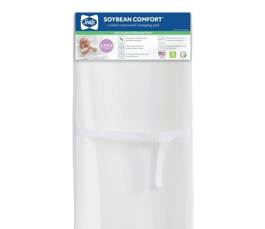 Sealy Baby Soybean Comfort Waterproof Diaper Changing Pad for Dresser or Table, Contoured 3-Sided, Wipeable Easy to Clean Surface & Durable Premium Foam, Made in USA, White, 32 x 16″