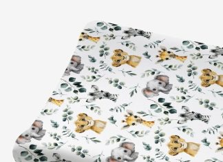 HawSkgFub African Safari Jungle Animals Eucalyptus Leaf Changing Pad Cover Baby Girls Boys, Giraffe Elephant Lion Zebra Diaper Change Table Sheet, Stretchy Safe Snug Fitted Changing Mat 32″/34″ x 16″