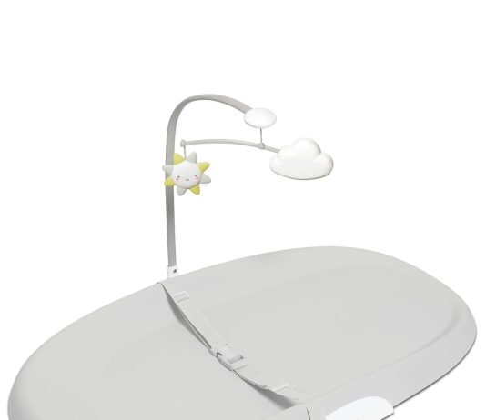 Skip Hop Baby Changing Pad Nursery Style Wipe-Clean Contoured with Cushioned Foam, Non-Skid Base, Built-in Safety Belt & Tuck-Away Toy Bar, Oat