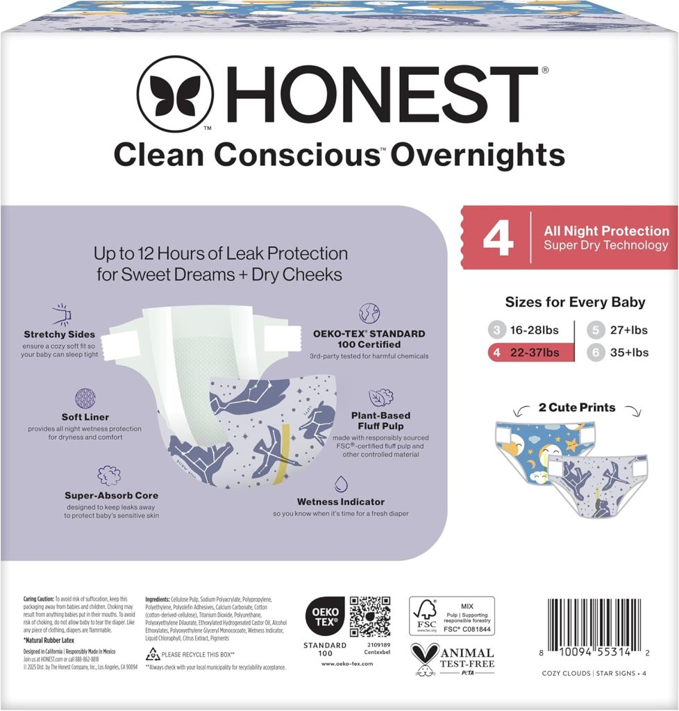 The Honest Company Comfort Dry Overnight Diapers, Up to Hours Protection, Hypoallergenic, Cozy Cloud + Star Signs, Club Box Size (22–37 lbs), Count The Honest Company Comfort Dry Overnight Diapers, Up to Hours Protection, Hypoallergenic, Cozy Cloud + Star Signs, Club Box Size (22–37 lbs), Count