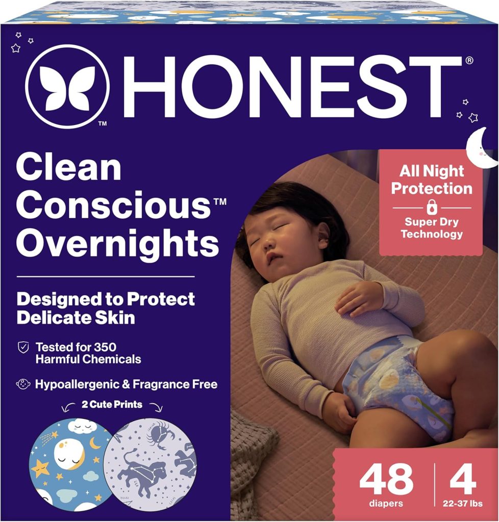 The Honest Company Comfort Dry Overnight Diapers, Up to Hours Protection, Hypoallergenic, Cozy Cloud + Star Signs, Club Box Size (22–37 lbs), Count The Honest Company Comfort Dry Overnight Diapers, Up to Hours Protection, Hypoallergenic, Cozy Cloud + Star Signs, Club Box Size (22–37 lbs), Count