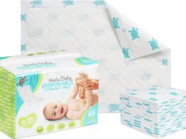 Vesta Baby 65 Disposable Changing Pads – Soft Absorbent Leak Proof Pee Mats – White Portable Diaper Change Underpads for Bed & Table Protection – 15″ x 20″ Waterproof Liners