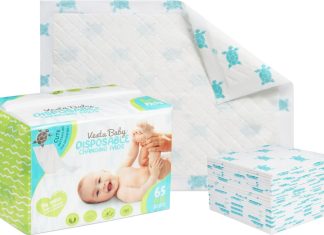 Vesta Baby 65 Disposable Changing Pads – Soft Absorbent Leak Proof Pee Mats – White Portable Diaper Change Underpads for Bed & Table Protection – 15″ x 20″ Waterproof Liners