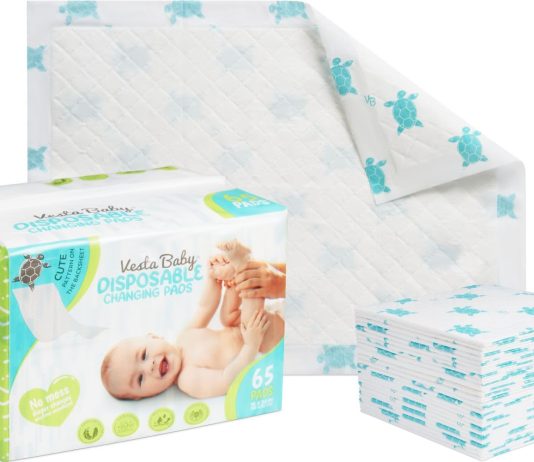 Vesta Baby 65 Disposable Changing Pads – Soft Absorbent Leak Proof Pee Mats – White Portable Diaper Change Underpads for Bed & Table Protection – 15″ x 20″ Waterproof Liners